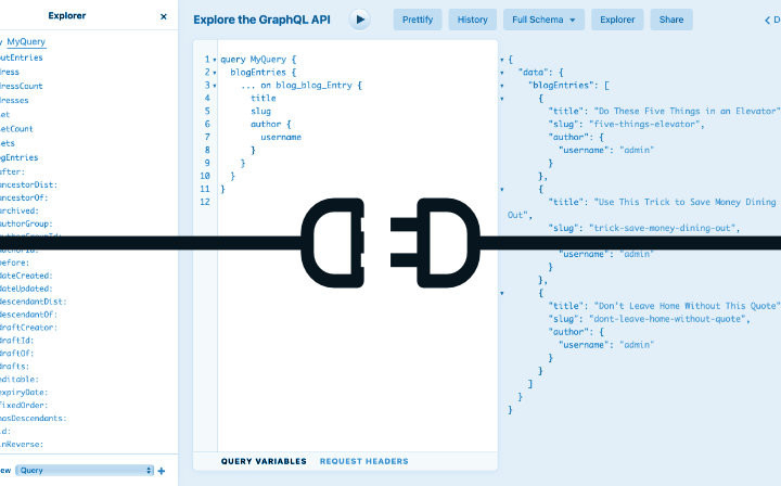 Screenshot einer Benutzeroberfläche auf der Website ContentReactor.com für eine GraphQL-API in Craft CMS. Es zeigt ein Abfragebeispiel auf der linken Seite und das Ergebnis auf der rechten Seite, mittig auf dem Bild, quer über die gesamte Länge, das Logo von GraphQL, welches einen weiblichen und einen mänlichen Stecker kurz vor dem Zusammenschluss darstellt.